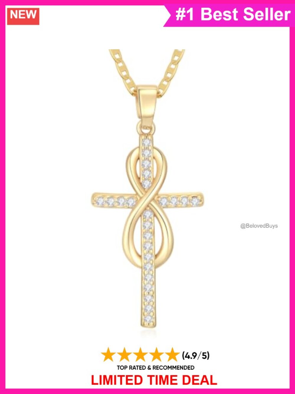 14K Gold Cross Necklace for Women Infinity Pendant 18.9in Chain